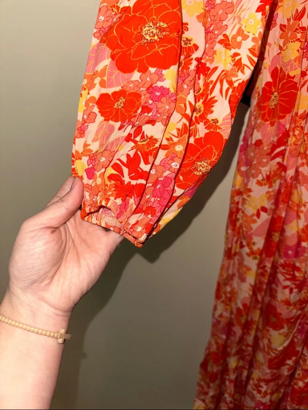 Floral Pink-orange Long Sleeve Maxi Dress beach maxi dress boho floral - Picture 5 of 7